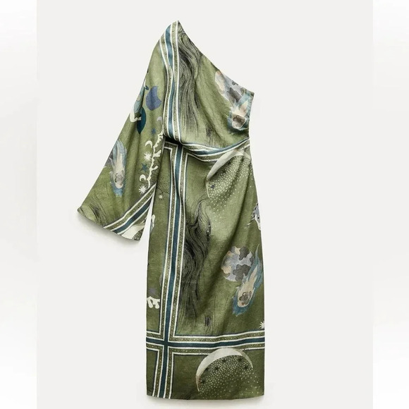 ZARA ZW COLLECTION PRINTED ASYMMETRIC LINEN DRESS - Picture 1 of 13